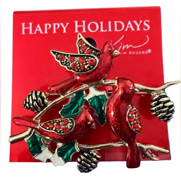 NWT VINTAGE 2013 KIM ROGERS Holiday Red Cardinals Rhinestone Bird Brooch Pin - Picture 1 of 3